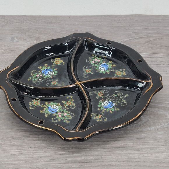 Unbranded Other - Vintage Japan Redware Divided Serving Tray Dish Black Blue Florals Gold Trim